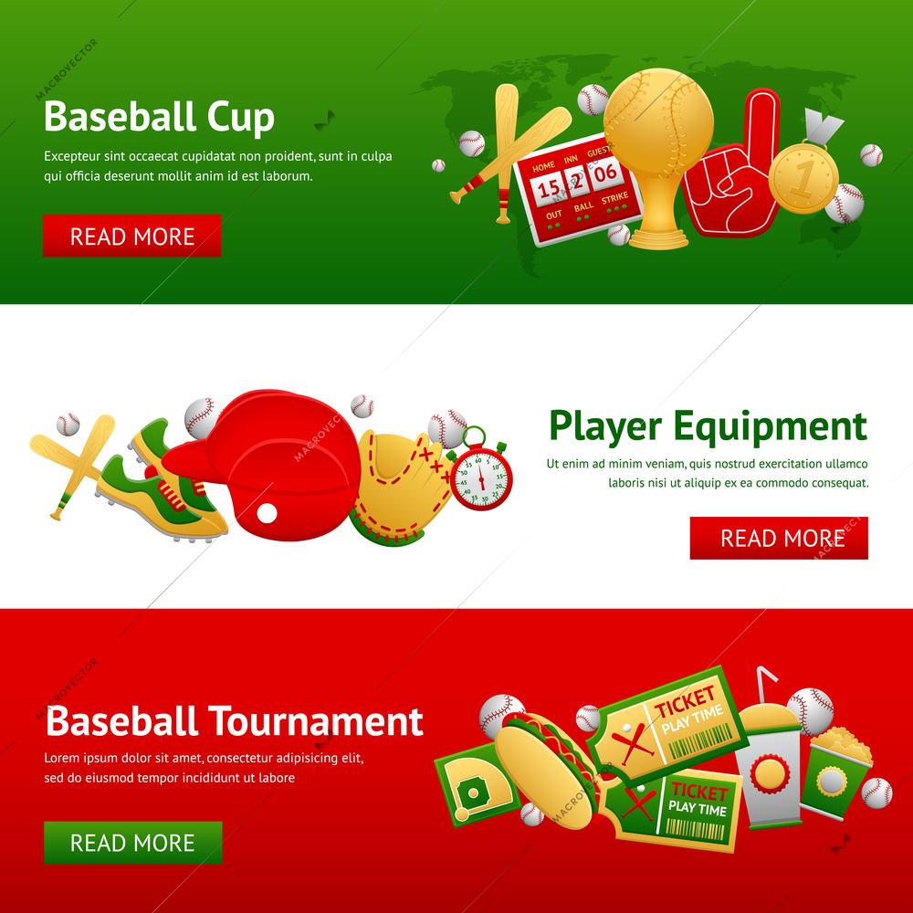 Baseball game horizontal banner set with cup player equipment and tournament elements isolated vector illustration