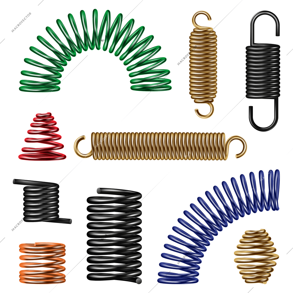 Metal spring detail realistic set with resistance symbols isolated vector illustration