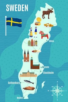 Sweden touristic map with landmarks and flag symbols flat  vector illustration