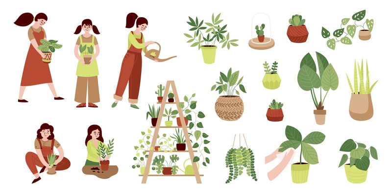 Home plants color icon set with various flowers in pots women taking care of flowers watering pots vector illustration