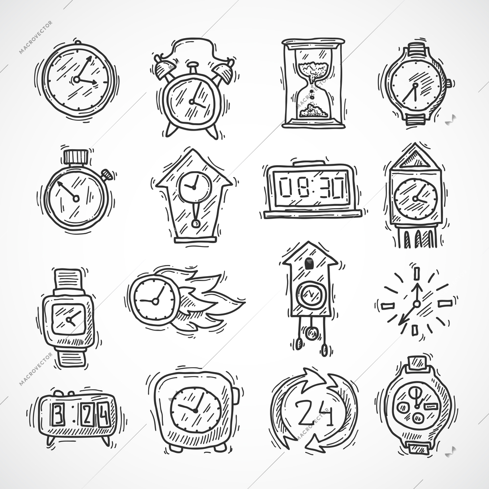 Clock sketch icons set with stopwatch alarm wall and sand clock isolated vector illustration