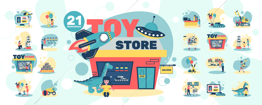 Toy store set with isolated compositions of flat icons with human characters storefronts and modern toys vector illustration