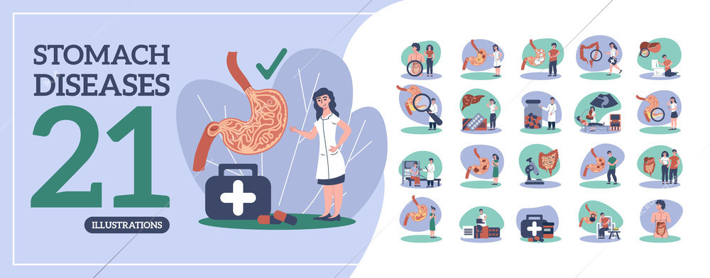 Stomach diseases set of flat isolated compositions with characters of suffering people and medical aid symbols vector illustration