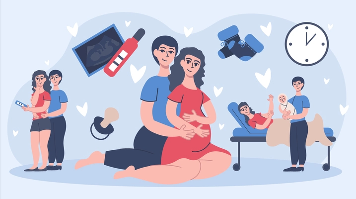 Pregnancy childbirth flat composition with doodle style characters of happy parents with test and delivering baby vector illustration