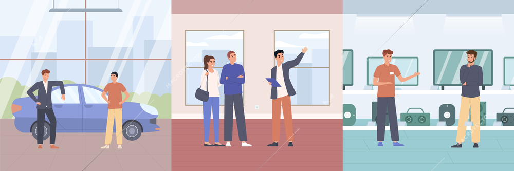 Seller and realtor consultation design concept set of three square compositions with customers and friendly staff flat vector illustration