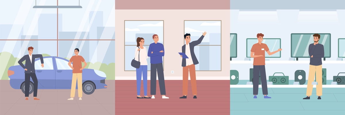 Seller and realtor consultation design concept set of three square compositions with customers and friendly staff flat vector illustration