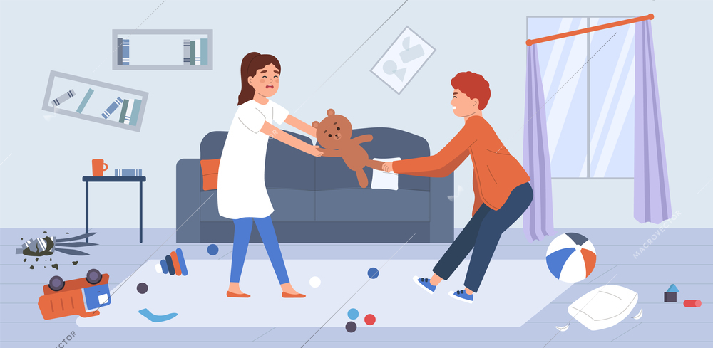 Children bad behavior flat composition with sister and brother fighting over toys in home interior vector illustration