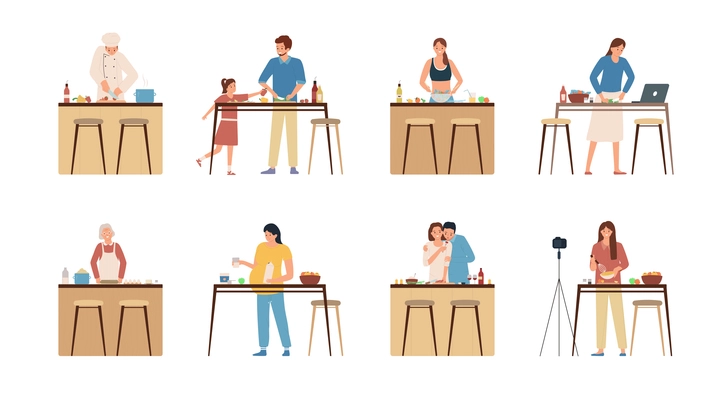 Cooking people flat icons set of young adult and elderly characters preparing food at home isolated vector illustration