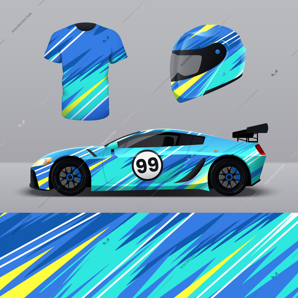 Realistic livery mockup with bright abstract background design for racing car t shirt and helmet isolated vector illustration