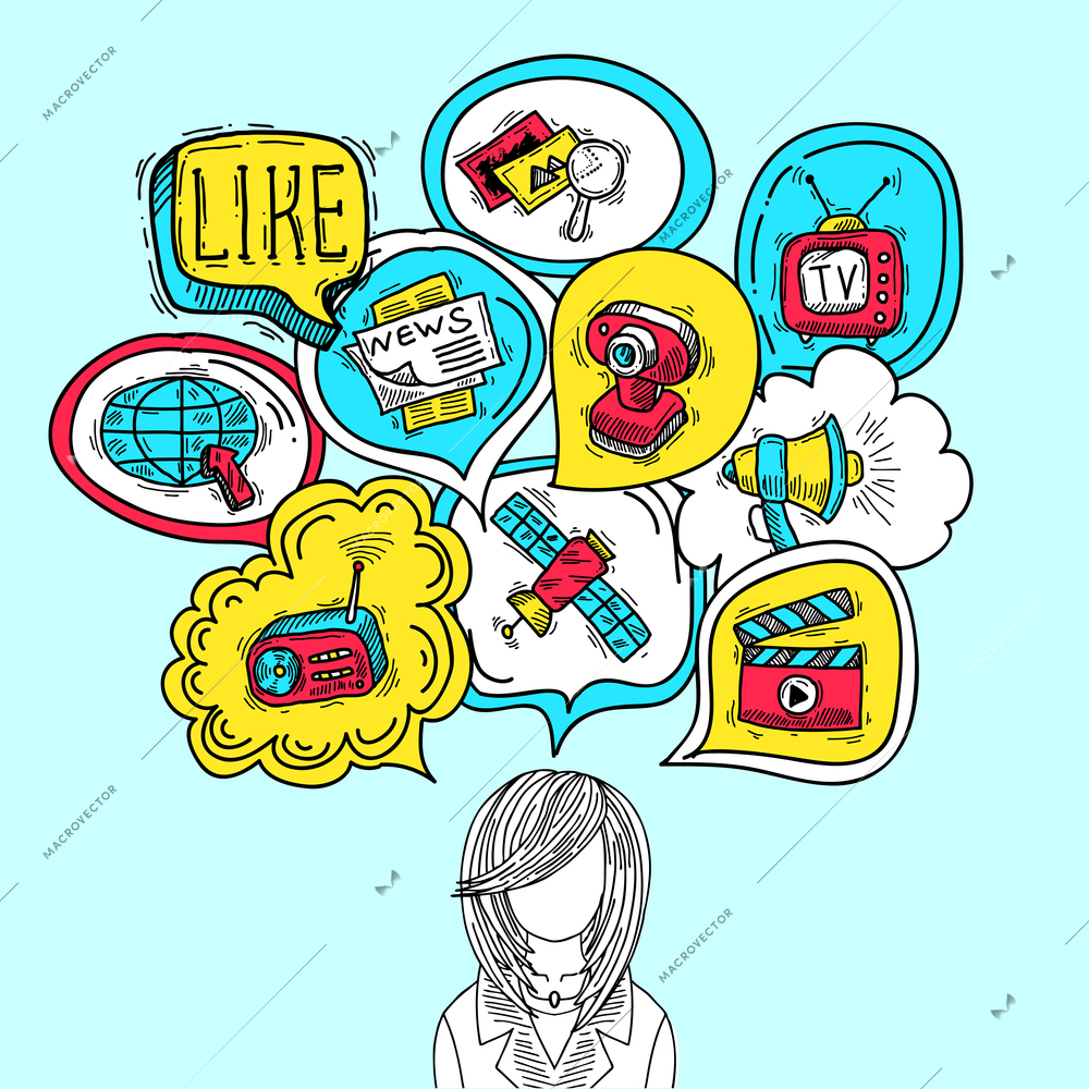 Media communication concept with girl avatar and speech bubbles sketch vector illustration