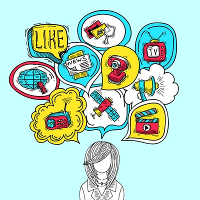 Media communication concept with girl avatar and speech bubbles sketch vector illustration