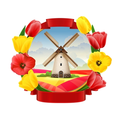Old mill realistic emblem decorated with frame of red and yellow spring flowers  isolated vector illustration