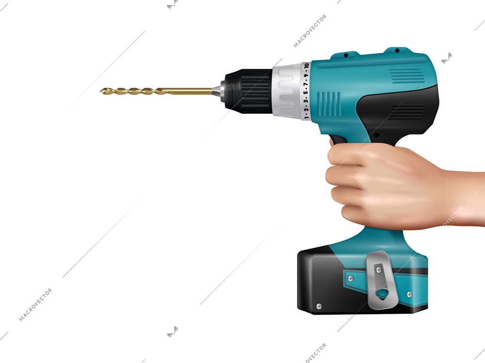 Professional tool for carpenter and locksmith realistic design concept with drilling machine in male hand vector illustration