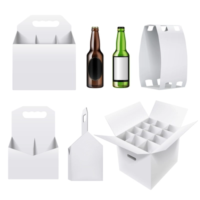 White box package of various forms for different count of glass bottles realistic mockup isolated vector illustration