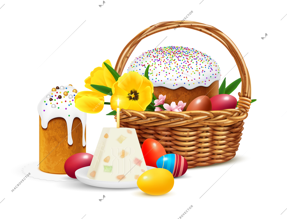 Eastern traditional orthodox easter   realistic background with kulich paskha and dyed eggs in wicker basket vector illustration