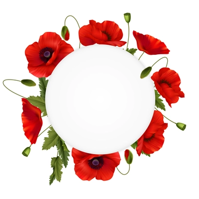 Remembrance day composition with frame consisting from red poppies flowers on white background realistic vector illustration