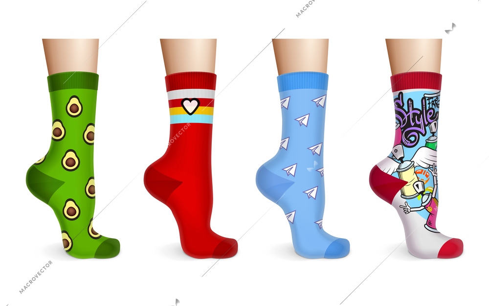 Female or kids legs in colorful socks with various pattern realistic set isolated vector illustration