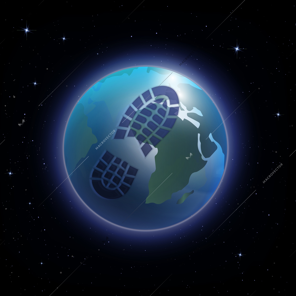 Environmental protection realistic composition with carbon footprint on earth planet image at night sky background vector illustration