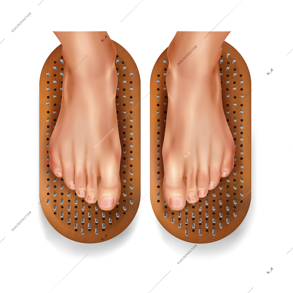 Realistic yoga sadhu feet top composition feet standing on a bed of nails vector illustration