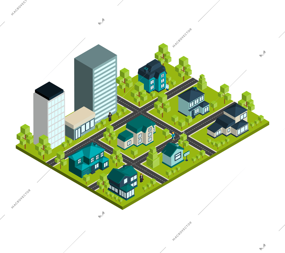 Real estate isometric concept with 3d city district and rental houses vector illustration