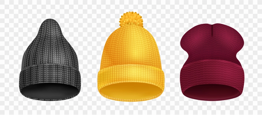 Realistic set of three black yellow and burgundy winter beanie hats isolated against transparent background vector illustration