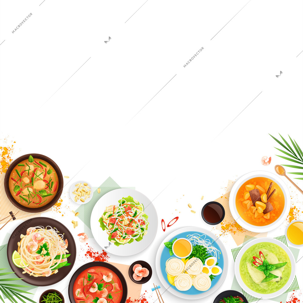 Thai cuisine flat vector illustration of national dishes flavored with green and red curry and coconut milk sauces