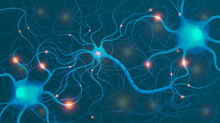 Neuroscience net composition with graphic visualization representing neural synapses and connections with glowing lights and channels vector illustration