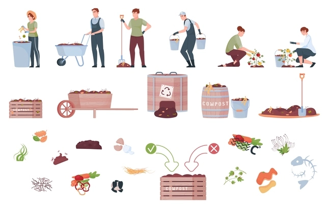 Compost set with flat isolated icons of food nutritions barrels pallet boxes and workers with tools vector illustration