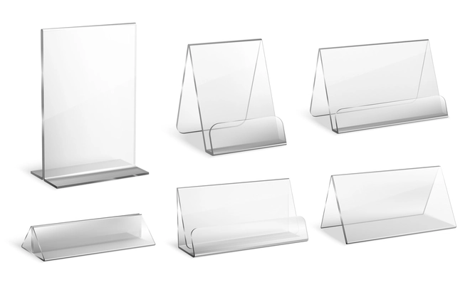Transparent plexiglass empty holders for brochures and cards realistic set isolated on white background vector illustration