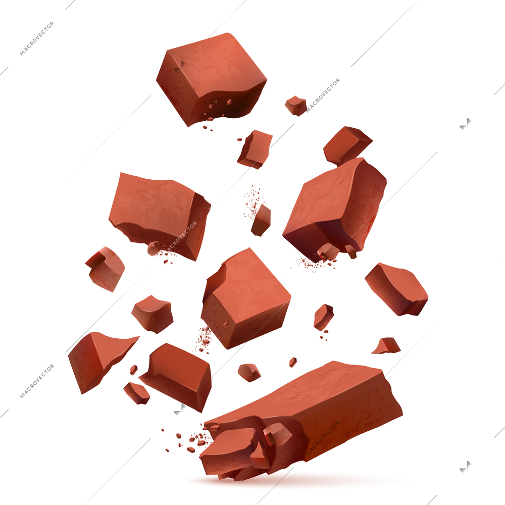 Blowing shards of red brick pieces realistic colored design concept on white background abstract vector illustration