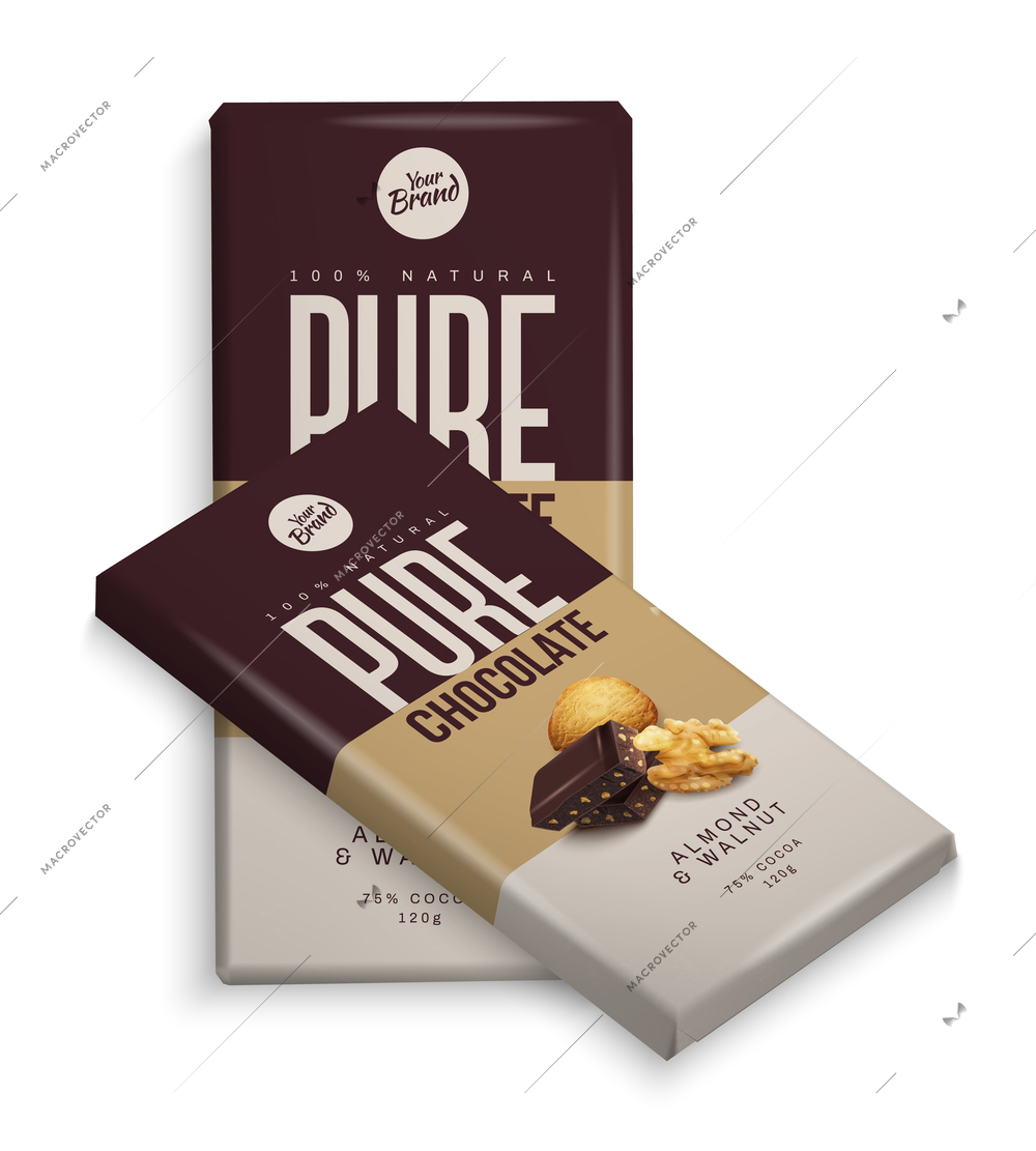 Realistic almond and walnut dark chocolate bar package template vector illustration