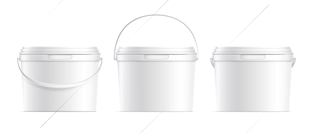 Realistic white plastic bucket containers with cover and handle isolated vector illustration