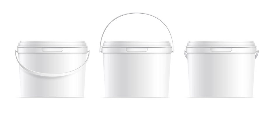 Realistic white plastic bucket containers with cover and handle isolated vector illustration