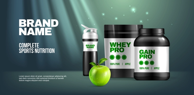 Sports nutrition poster with whey protein and supplements realistic vector illustration