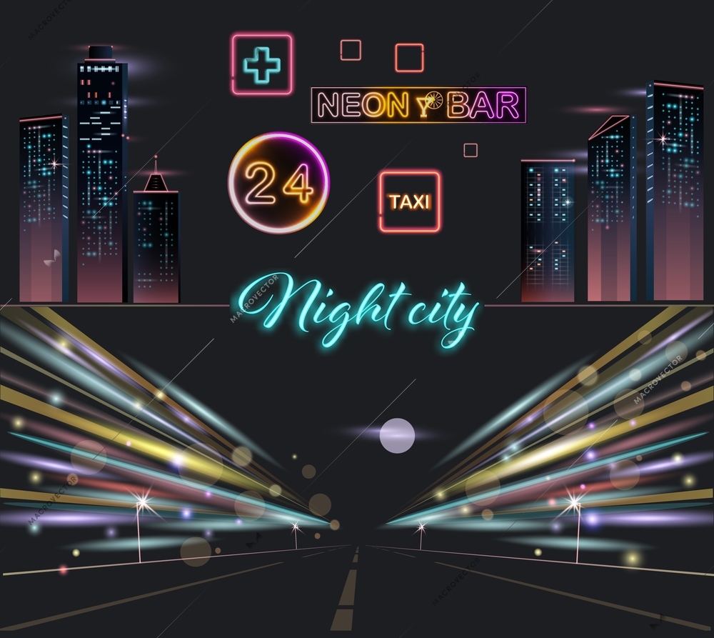 Night city lights set with realistic nocturnal city drive backgrounds and glowing neon icons of signboards vector illustration