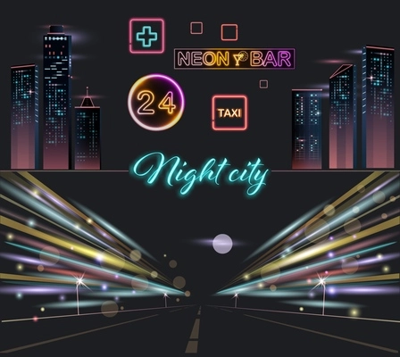 Night city lights set with realistic nocturnal city drive backgrounds and glowing neon icons of signboards vector illustration