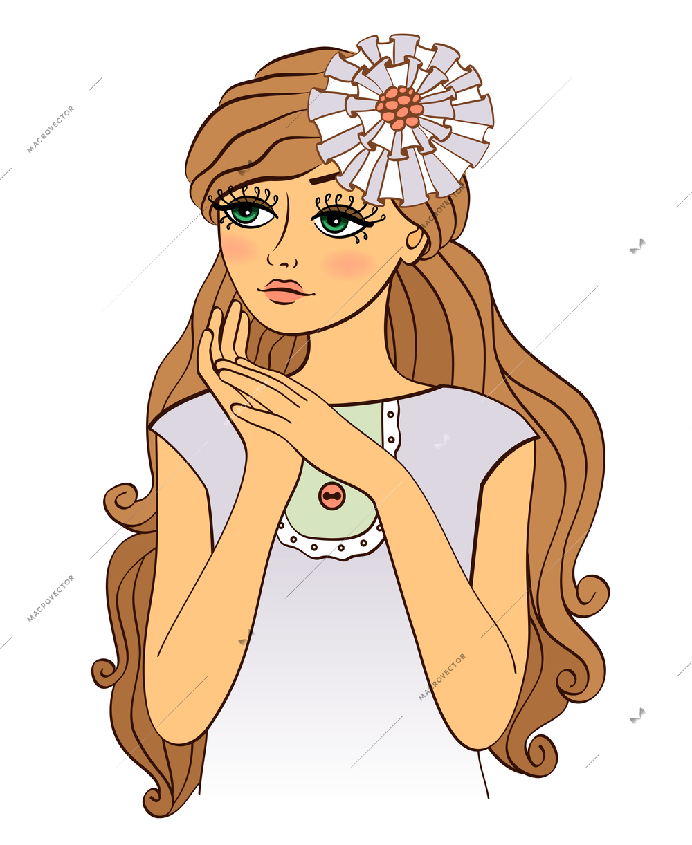 Nice lovely girl with wavy hair and floral decoration vector illustration