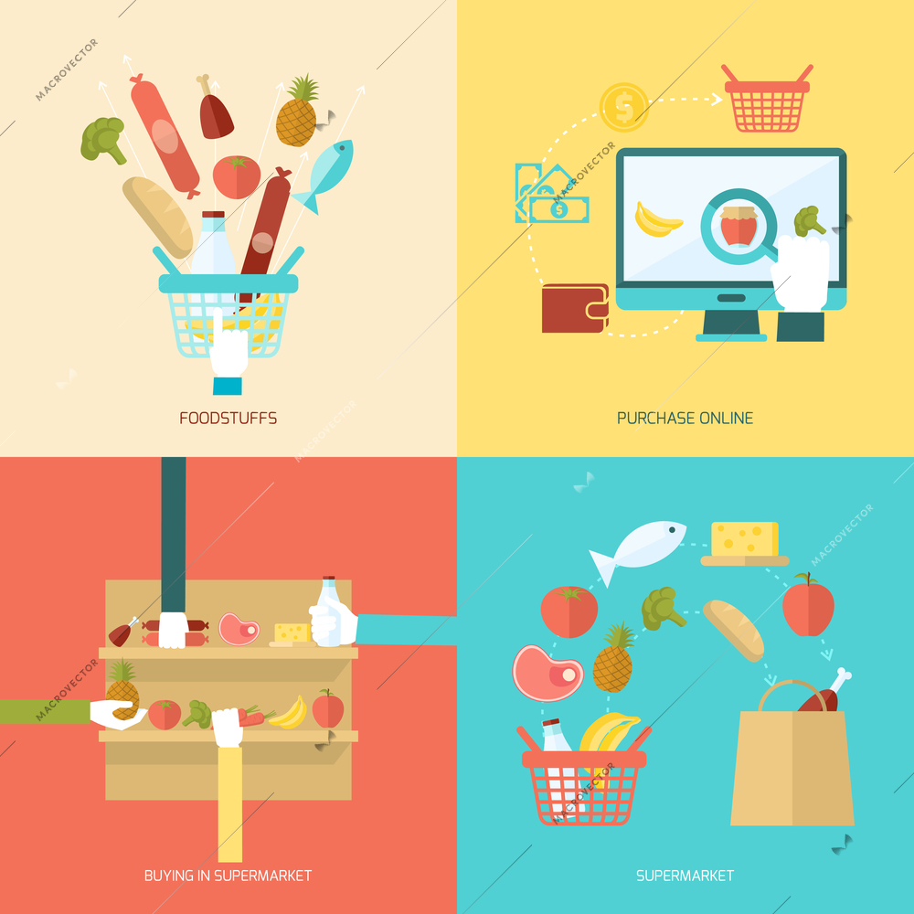 Supermarket design concept set with foodstuff online purchase buy flat icons isolated vector illustration