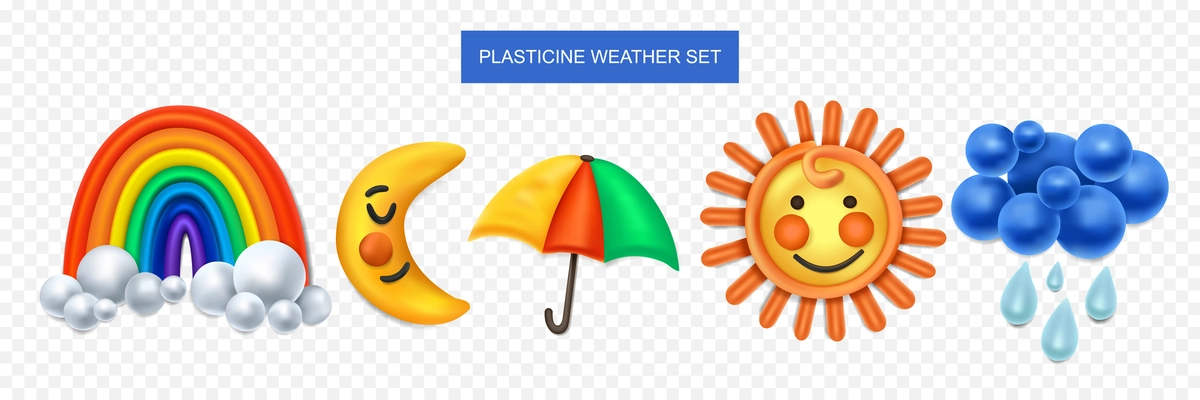 Realistic plasticine weather set on transparent background with isolated icons representing different climate conditions with text vector illustration