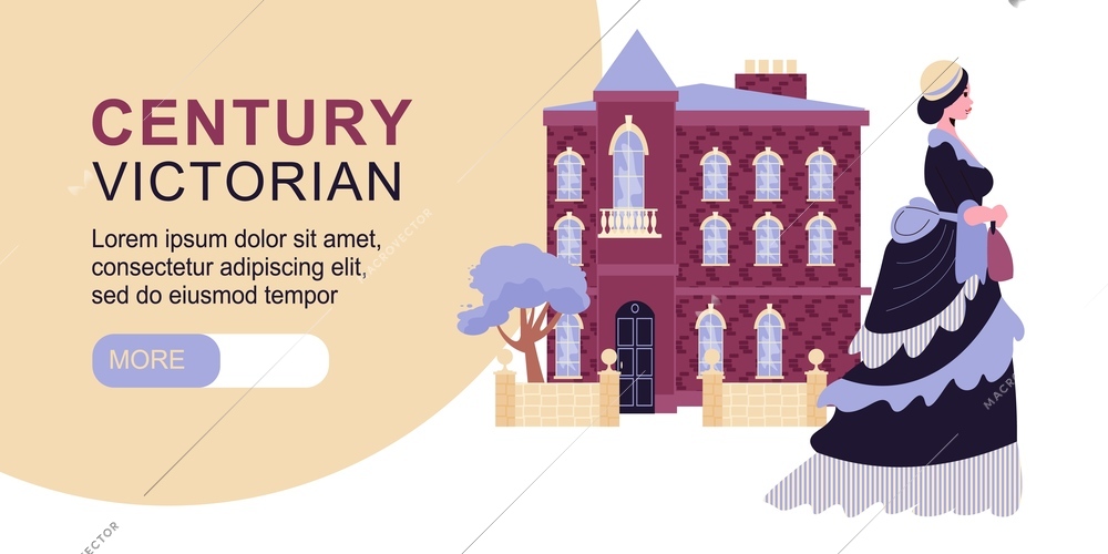 Century victorian horizontal banner with female character in frilly dress at historic building background flat vector illustration