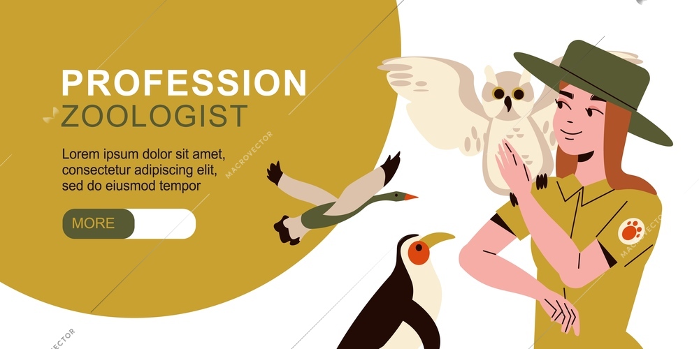 Profession zoologist horizontal banner with young female ornithologist in uniform and owl on her shoulder flat vector illustration