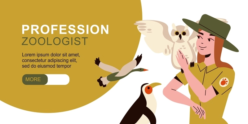 Profession zoologist horizontal banner with young female ornithologist in uniform and owl on her shoulder flat vector illustration