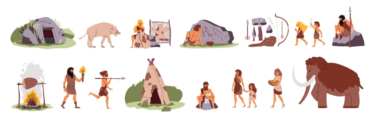 Primitive people set with isolated icons of ancient folks life with mammoth hunt tent labor instruments vector illustration