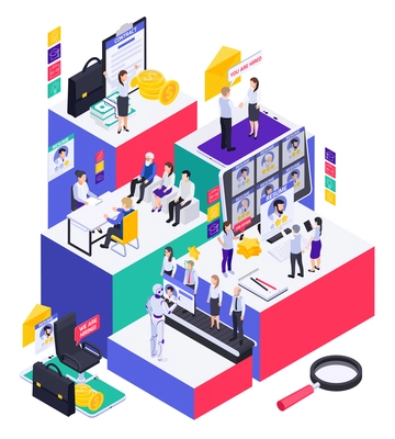 Hr recruitment hiring isometric composition with platforms representing stages of job application group assessment with people vector illustration