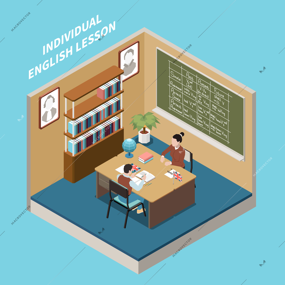 Man having individual lesson of english language with teacher in classroom 3d isometric vector illustration