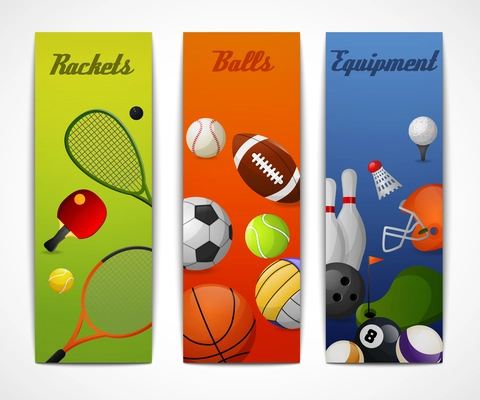 Outdoor sport activities squash tennis soccer basketball rugby accessories flat vertical banners set abstract isolated vector illustration