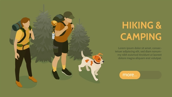 Isometric hiking horizontal banner with characters of man and woman with backpacks dog and editable text vector illustration