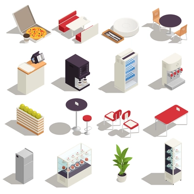 Food court isometric isolated icon set everything you need for the interior and creating comfort for visitors to fast food restaurant vector illustration