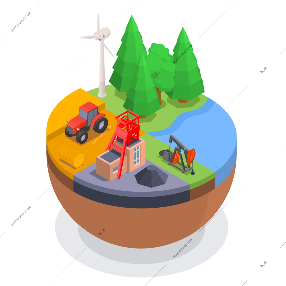 Natural resources isometric concept with mining industry forest water agriculture 3d vector illustration