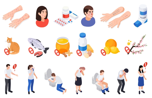 Set with isolated allergy symptoms treatment isometric icons of allergens and suffering people with aid medicine vector illustration